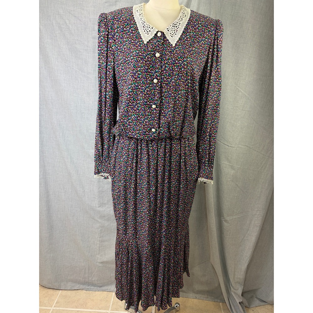 DAVID WARREN New York Women's Size 14 Black Floral Print Dress‎ with Lace Trim